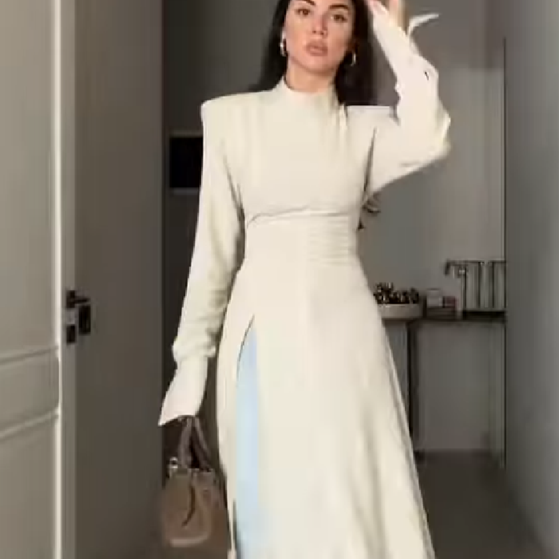 Women Formal Wear Outfits - فستان نسائي أنيق طويل الأكمام بياقة