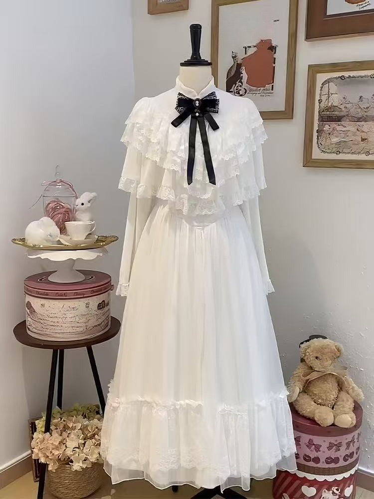 Women Formal Wear Outfits - اليابانية قصيرة الأكمام القوس فستان الدانتيل